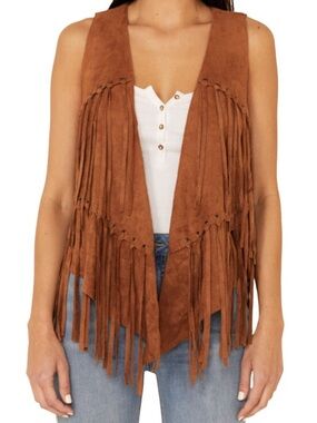 Vocal Faux Suede Fringe Vest Camel Eyelet Western Boho Festival XL